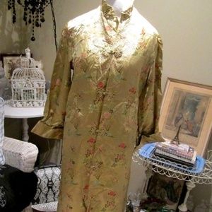Vintage SOLZ SQUIRREL Chinese Golden Satin Brocade Dress Gown Robe Frog Buttons